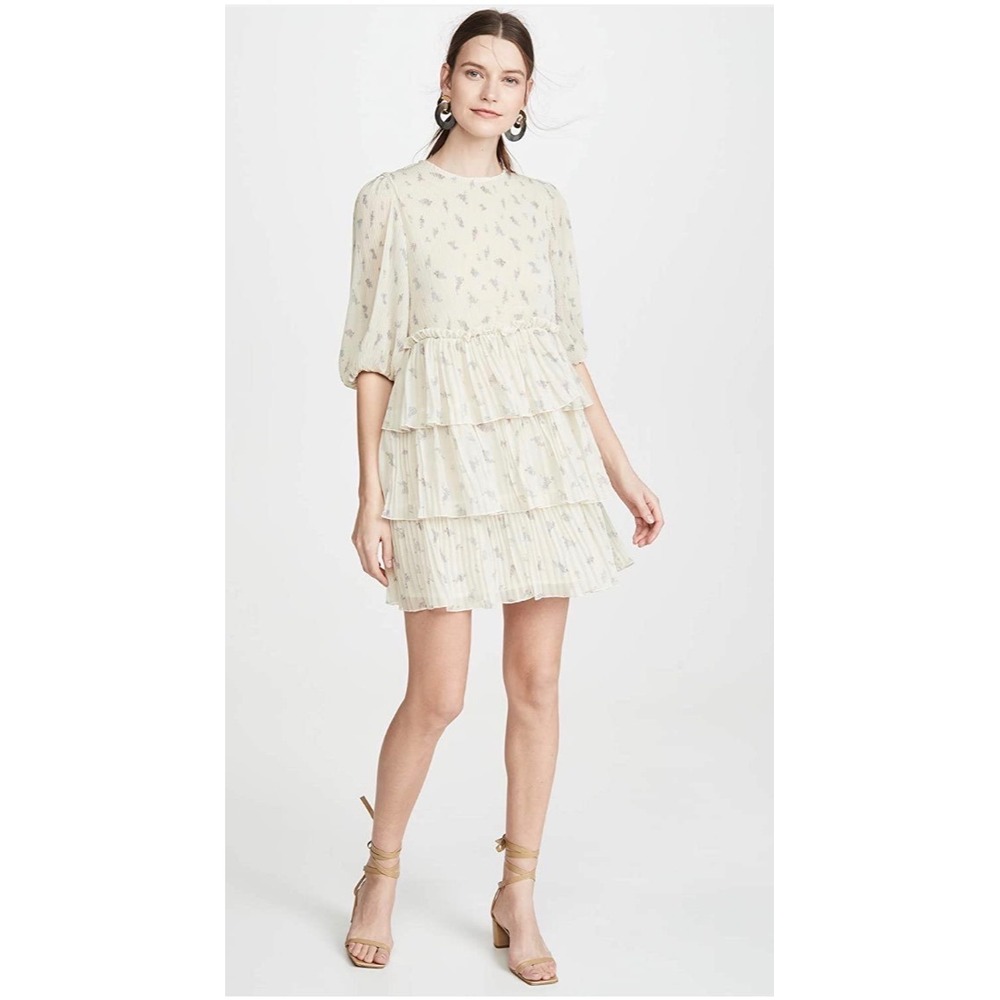 NWT Ganni Pleated Georgette Floral Tiered Mini Dress Cream Lavender Size Small